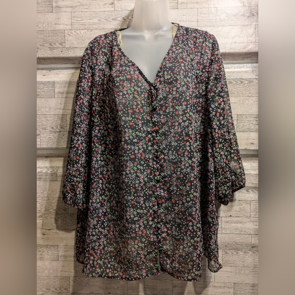 Liz Claiborne Black Sheer Blouse with Pink & Green Floral Print